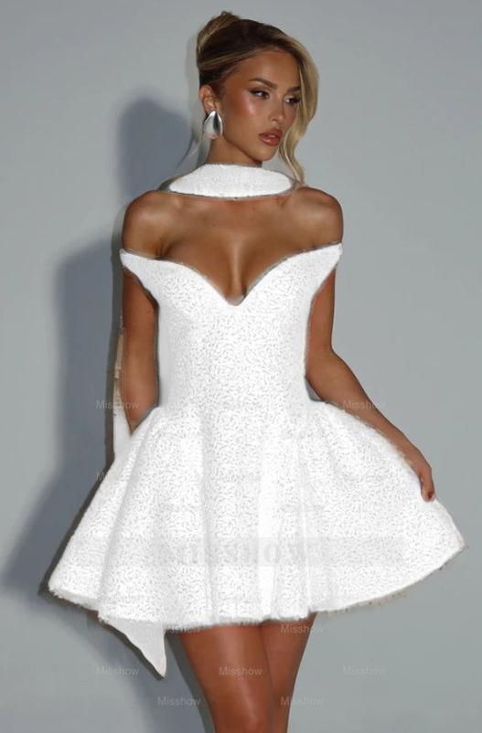 Off the Shoulder Sleeveless Short A Line Formal Dress With Sequin
