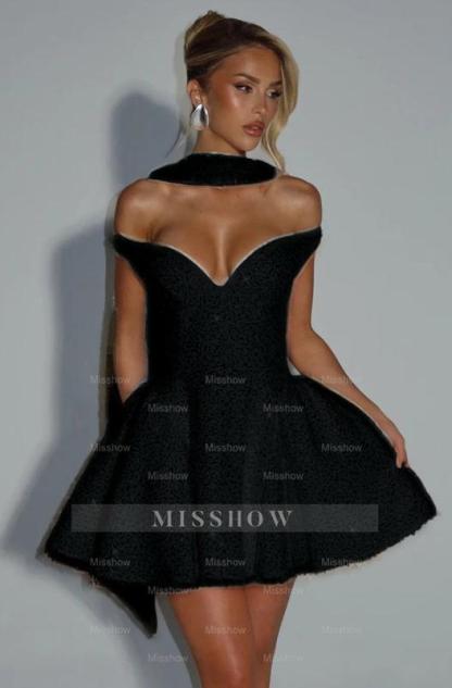 Off the Shoulder Sleeveless Short A Line Formal Dress With Sequin