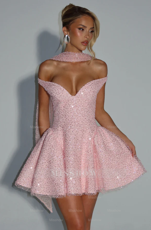 Off the Shoulder Sleeveless Short A Line Formal Dress With Sequin