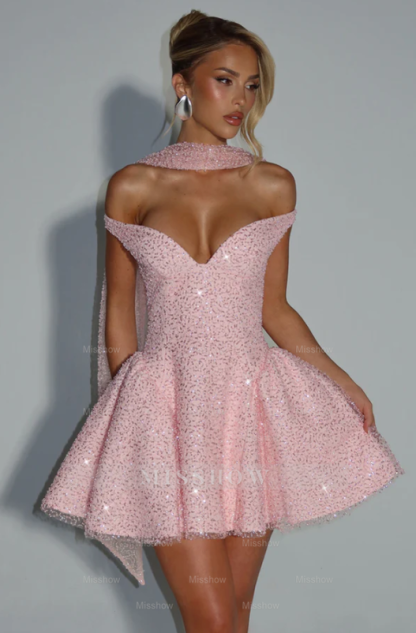 Off the Shoulder Sleeveless Short A Line Formal Dress With Sequin