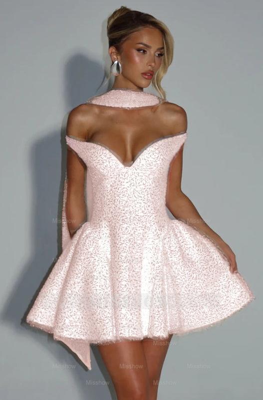 Off the Shoulder Sleeveless Short A Line Formal Dress With Sequin