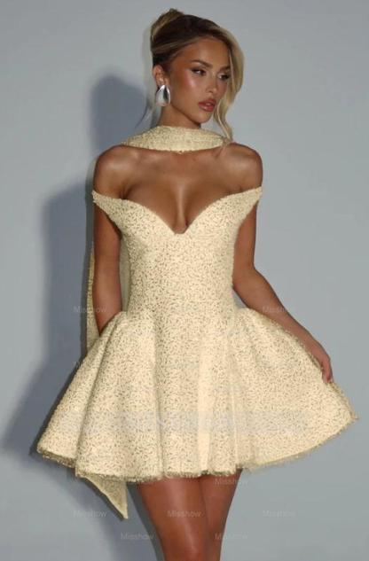 Off the Shoulder Sleeveless Short A Line Formal Dress With Sequin