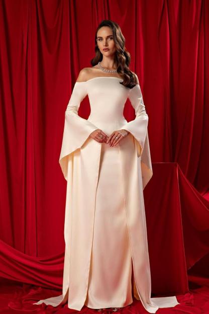Off the Shoulder Strapless Long Sleeves Long Formal Dress With Ruffles
