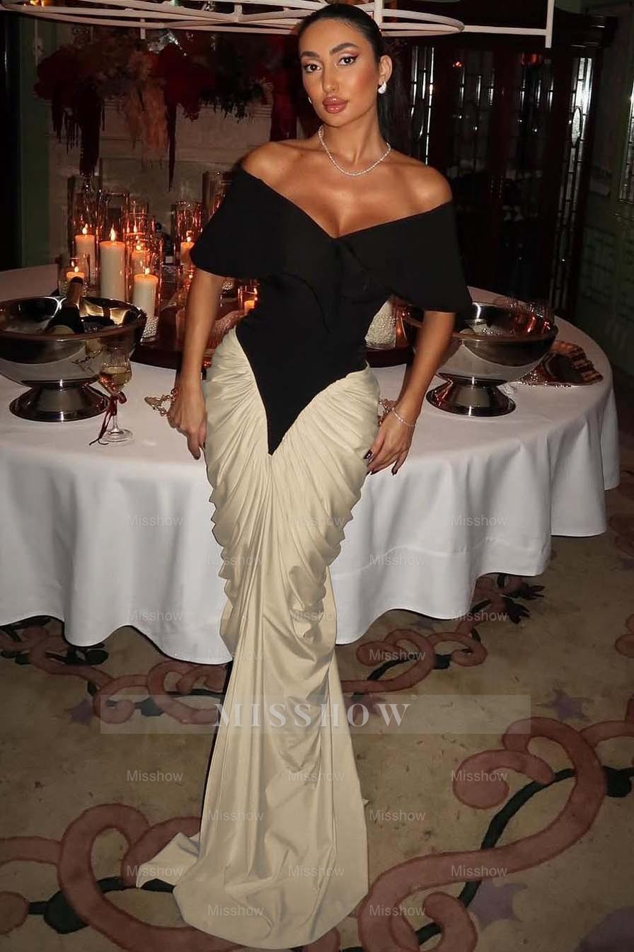 Off the Shoulder Strapless Mermaid Long Formal Dress With Pleated Gloves