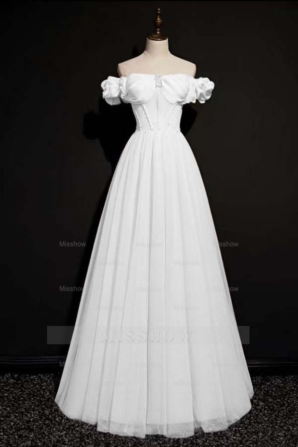 Off the Shoulder Strapless Sleeveless Long Formal Dress With Tulle