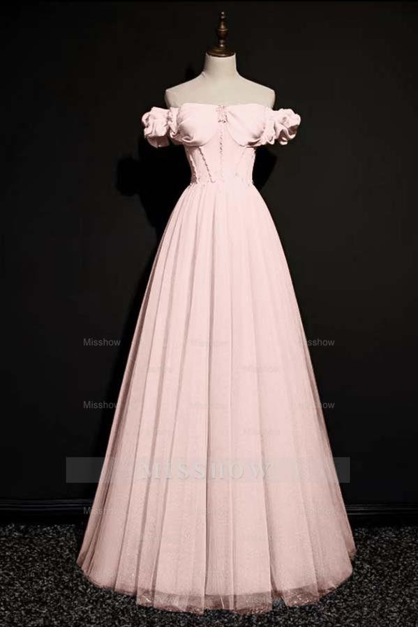 Off the Shoulder Strapless Sleeveless Long Formal Dress With Tulle