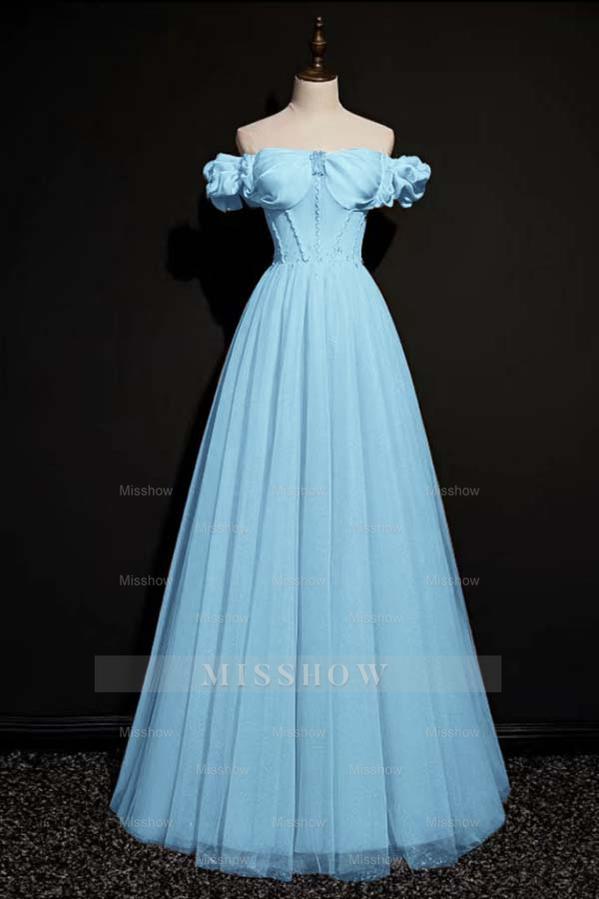 Off the Shoulder Strapless Sleeveless Long Formal Dress With Tulle