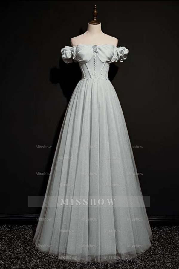 Off the Shoulder Strapless Sleeveless Long Formal Dress With Tulle