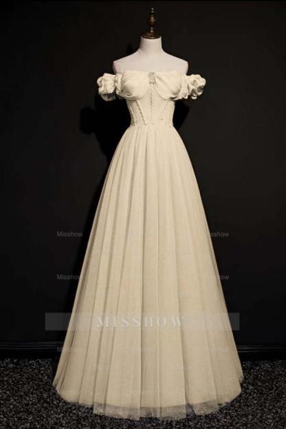 Off the Shoulder Strapless Sleeveless Long Formal Dress With Tulle
