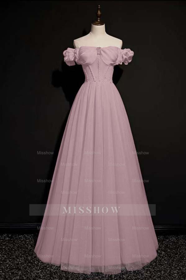 Off the Shoulder Strapless Sleeveless Long Formal Dress With Tulle