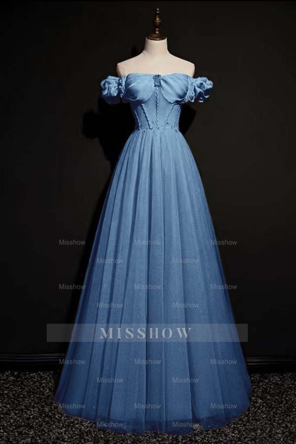 Off the Shoulder Strapless Sleeveless Long Formal Dress With Tulle