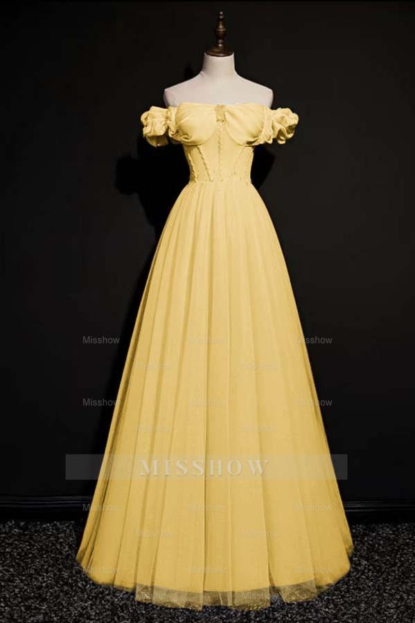 Off the Shoulder Strapless Sleeveless Long Formal Dress With Tulle