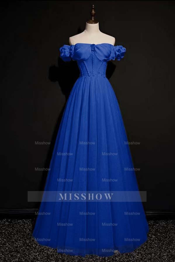 Off the Shoulder Strapless Sleeveless Long Formal Dress With Tulle