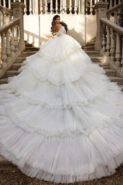 Off the Shoulder White Tulle Ruffles Luxury Wedding Dress