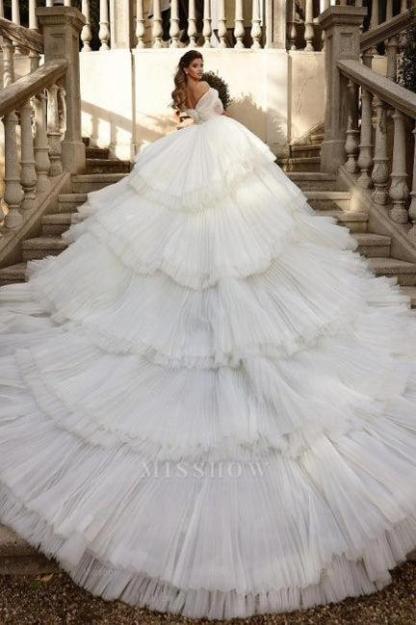 Off the Shoulder White Tulle Ruffles Luxury Wedding Dress