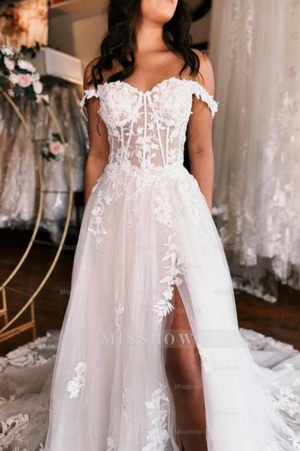 Off the shoulder high split A-line Lace Wedding Dress