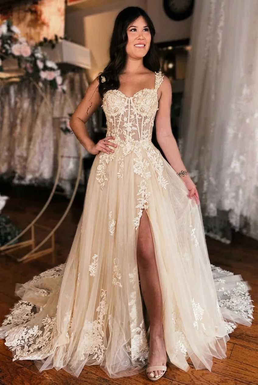Off the shoulder high split A-line Lace Wedding Dress
