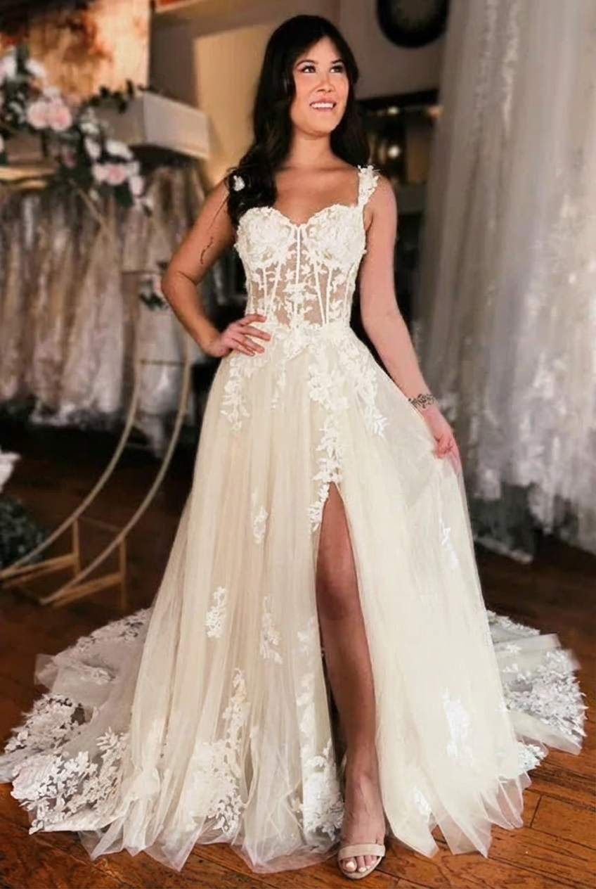 Off the shoulder high split A-line Lace Wedding Dress