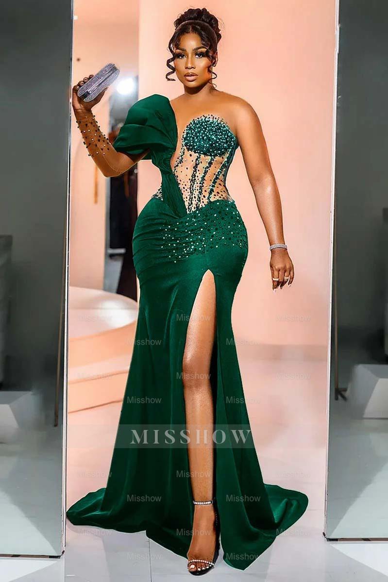 One Shoulder Long Sleeve Long Mermaid Formal Dress With Beading