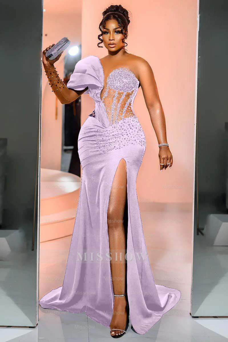 One Shoulder Long Sleeve Long Mermaid Formal Dress With Beading