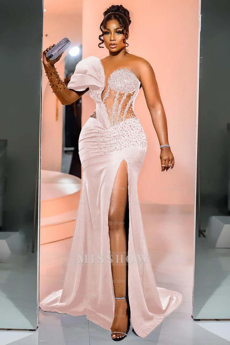 One Shoulder Long Sleeve Long Mermaid Formal Dress With Beading