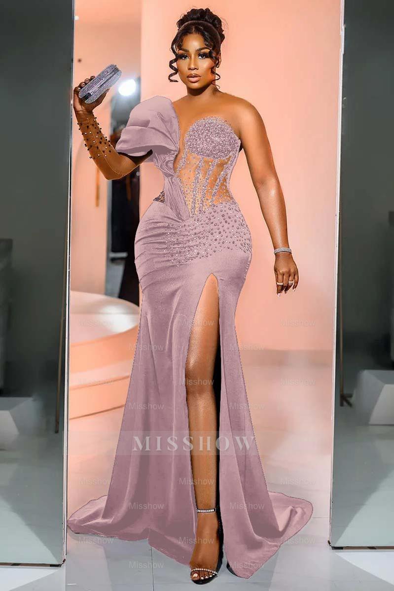 One Shoulder Long Sleeve Long Mermaid Formal Dress With Beading