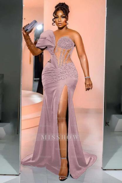 One Shoulder Long Sleeve Long Mermaid Formal Dress With Beading