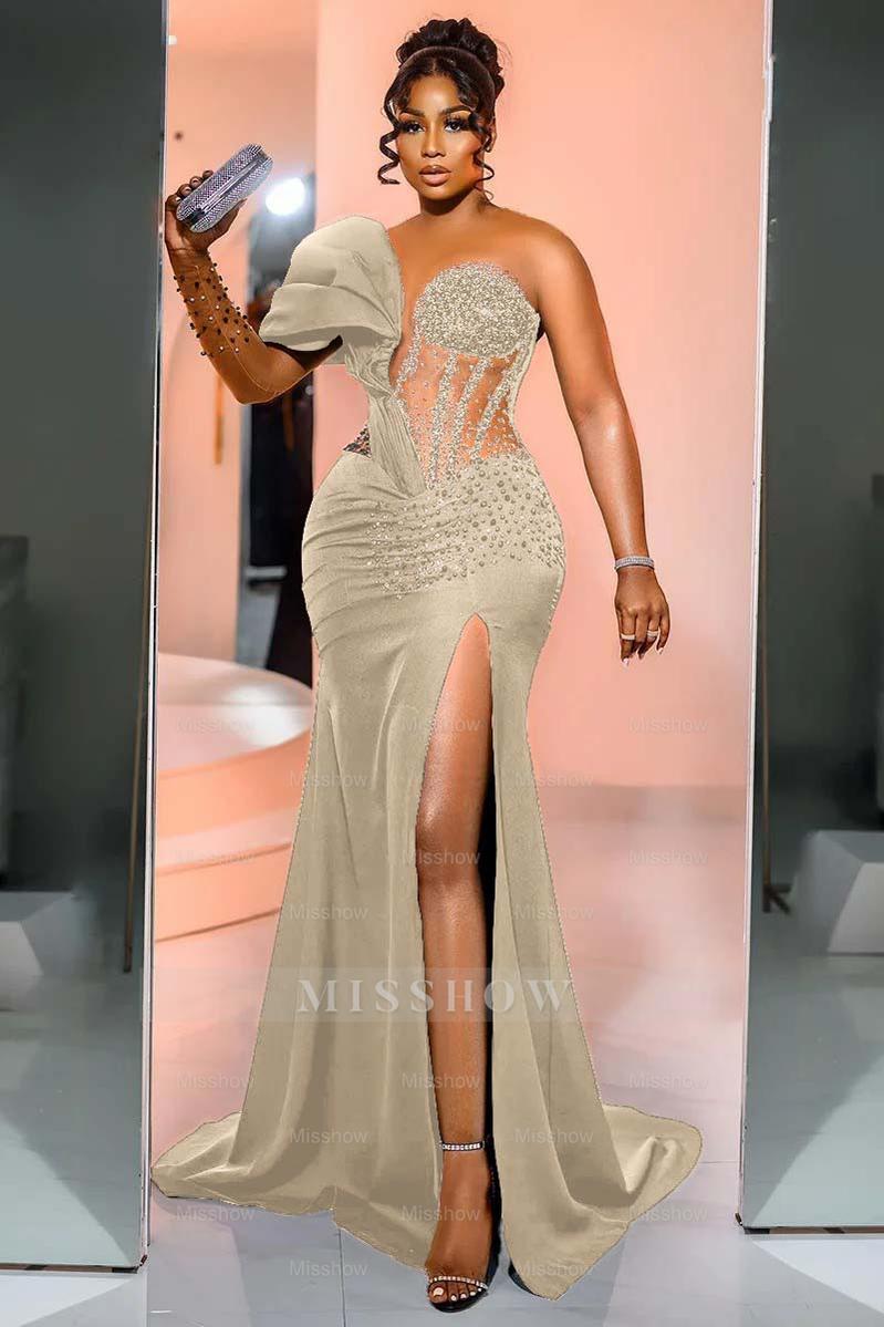 One Shoulder Long Sleeve Long Mermaid Formal Dress With Beading