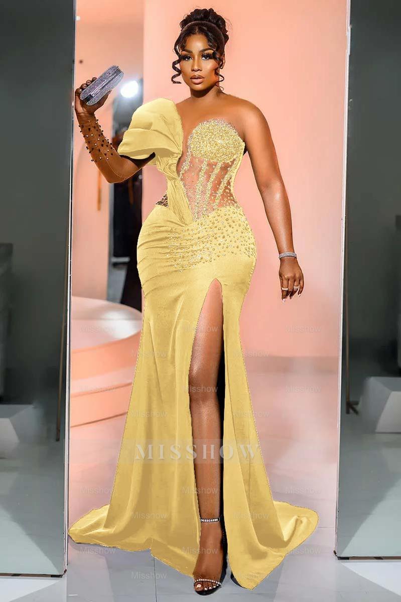 One Shoulder Long Sleeve Long Mermaid Formal Dress With Beading