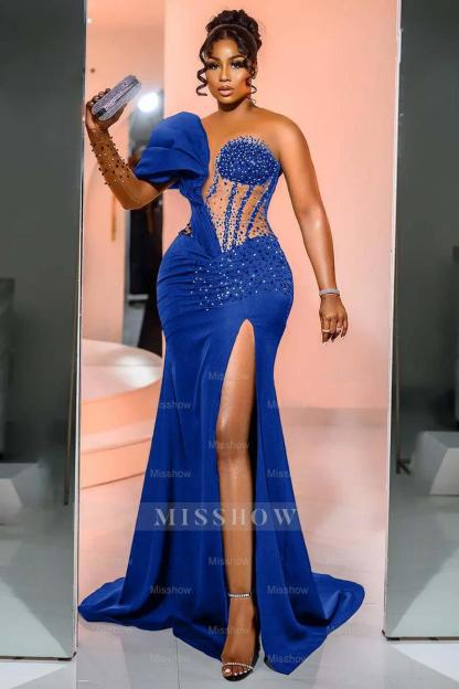 One Shoulder Long Sleeve Long Mermaid Formal Dress With Beading
