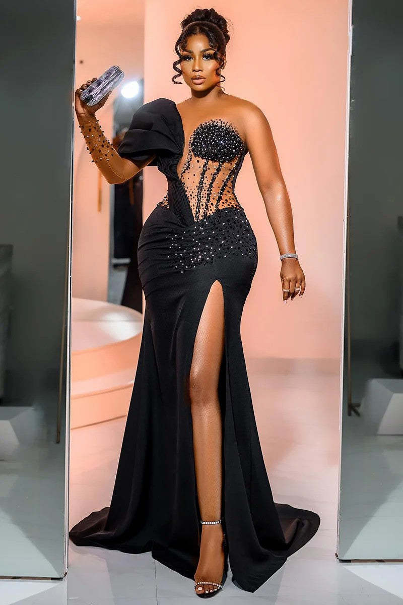 One Shoulder Long Sleeve Long Mermaid Formal Dress With Beading