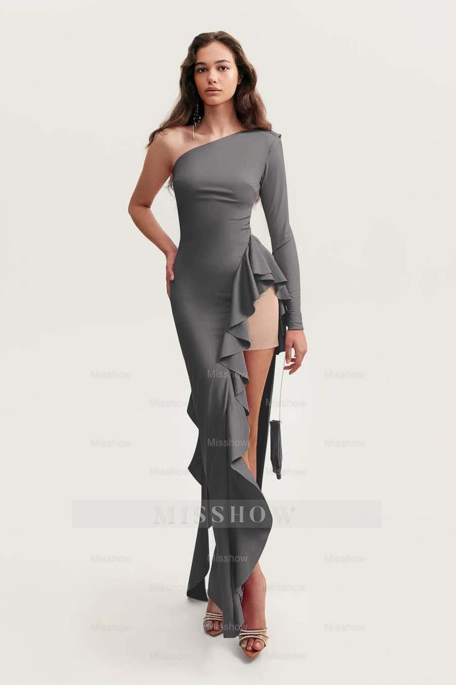 One Shoulder Long Sleeves High Split Long Formal Dress With Ruffles