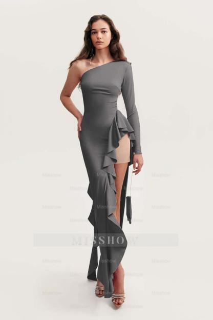 One Shoulder Long Sleeves High Split Long Formal Dress With Ruffles