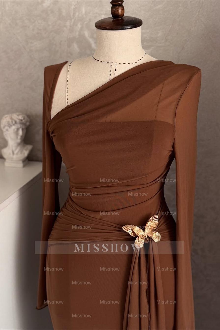 One Shoulder Long Sleeves Long Mermaid Formal Dress With Pleated