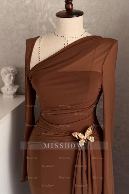 One Shoulder Long Sleeves Long Mermaid Formal Dress With Pleated