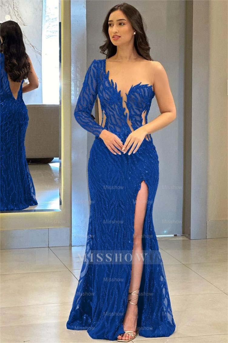 One Shoulder One Long Sleeve Backless Mermaid Split Formal Dress With Appliques