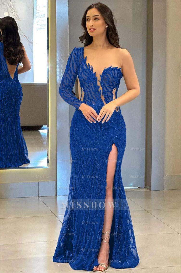 One Shoulder One Long Sleeve Backless Mermaid Split Formal Dress With Appliques