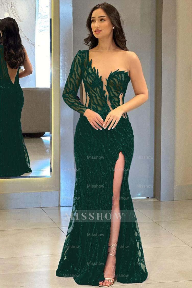 One Shoulder One Long Sleeve Backless Mermaid Split Formal Dress With Appliques