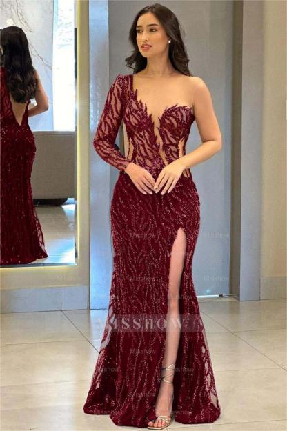 One Shoulder One Long Sleeve Backless Mermaid Split Formal Dress With Appliques