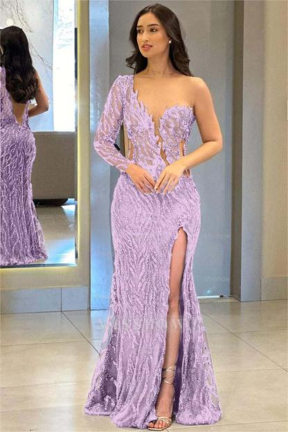 One Shoulder One Long Sleeve Backless Mermaid Split Formal Dress With Appliques