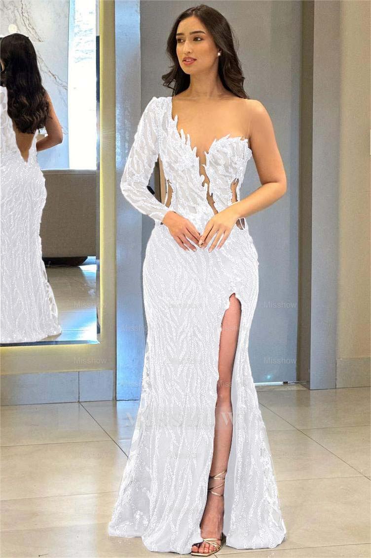 One Shoulder One Long Sleeve Backless Mermaid Split Formal Dress With Appliques