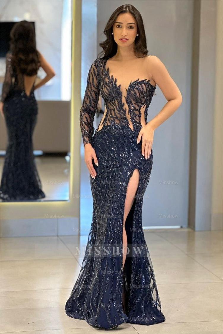 One Shoulder One Long Sleeve Backless Mermaid Split Formal Dress With Appliques