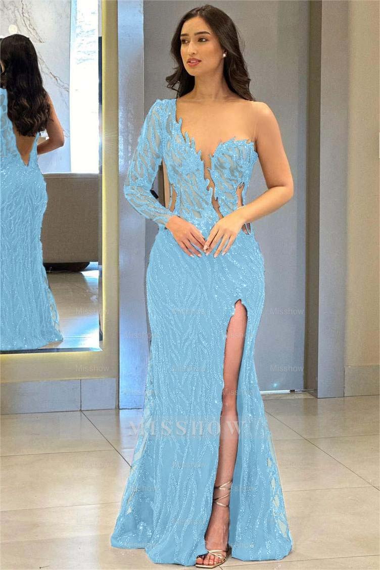 One Shoulder One Long Sleeve Backless Mermaid Split Formal Dress With Appliques