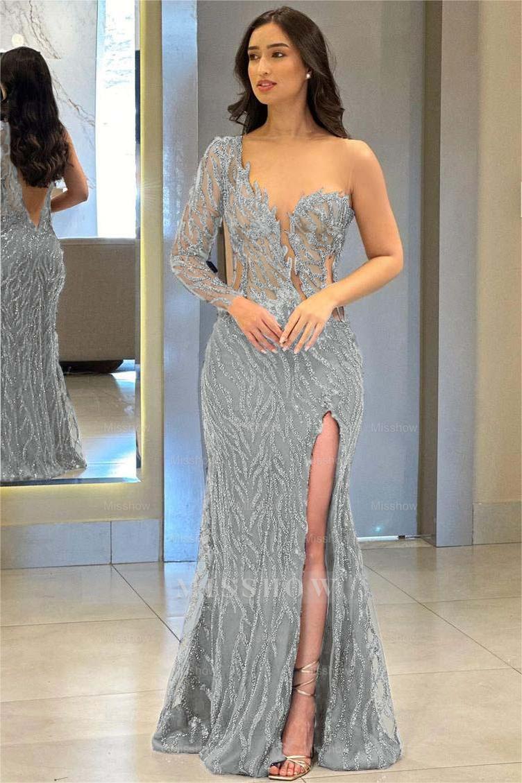 One Shoulder One Long Sleeve Backless Mermaid Split Formal Dress With Appliques