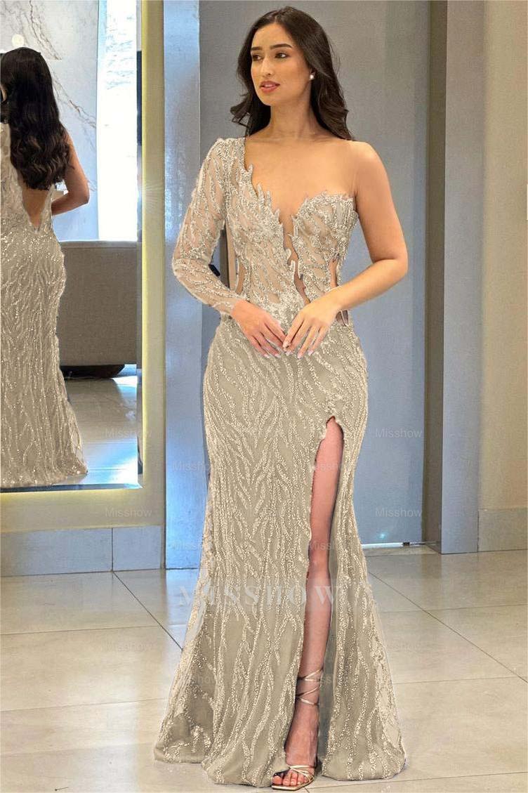 One Shoulder One Long Sleeve Backless Mermaid Split Formal Dress With Appliques