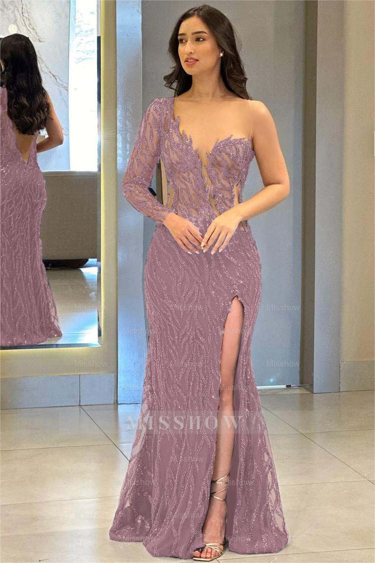 One Shoulder One Long Sleeve Backless Mermaid Split Formal Dress With Appliques