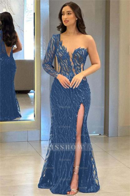 One Shoulder One Long Sleeve Backless Mermaid Split Formal Dress With Appliques