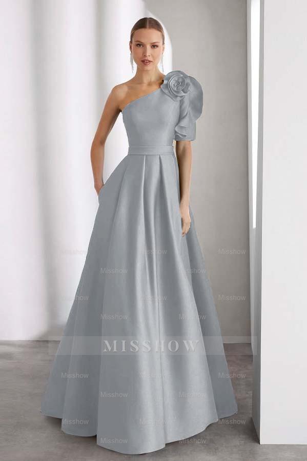 One Shoulder Sleeveless Long A Line Formal Dress With Pockets