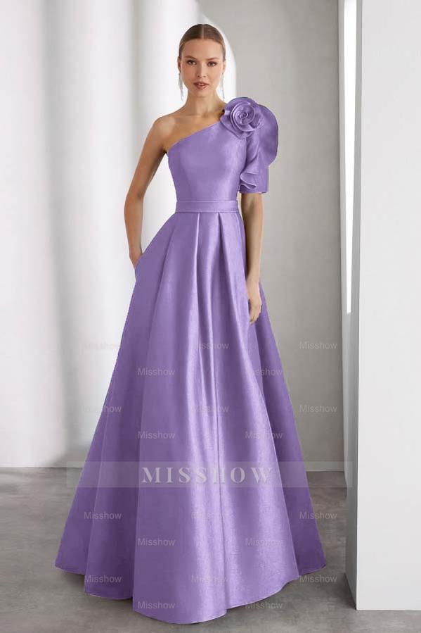 One Shoulder Sleeveless Long A Line Formal Dress With Pockets