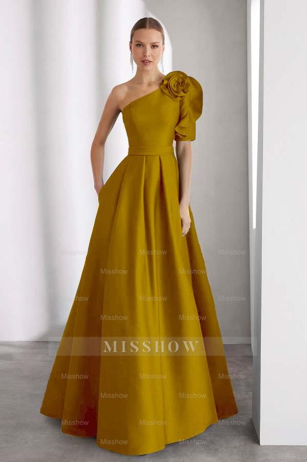 One Shoulder Sleeveless Long A Line Formal Dress With Pockets